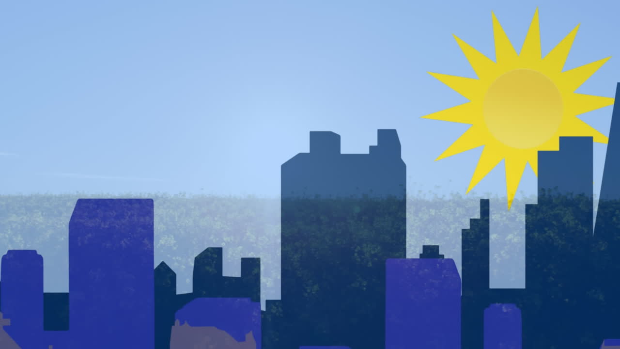 Animação de cidade e sol sobre paisagem