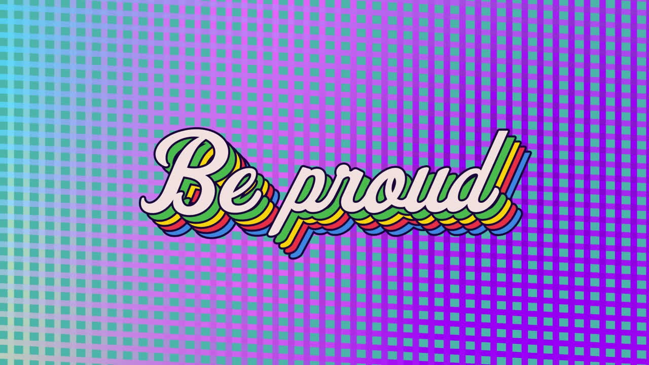 Animation of be proud text with rainbow colours and multiple abstract ...