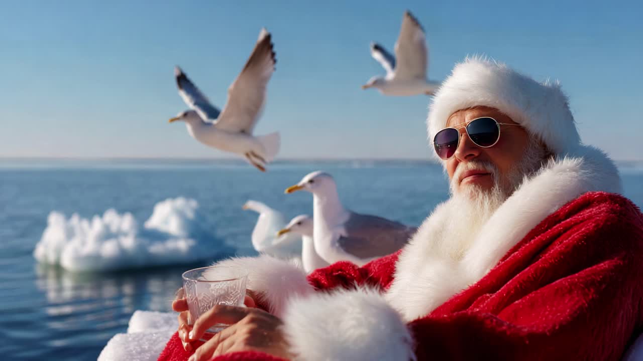 A Relaxing Moment on the Water: A Festively Dressed Elderly Man in a Santa Suit, Enjoying a Refreshing Beverage While Surrounded by Seagulls Against a Beautiful Blue Sky and Serene Waters