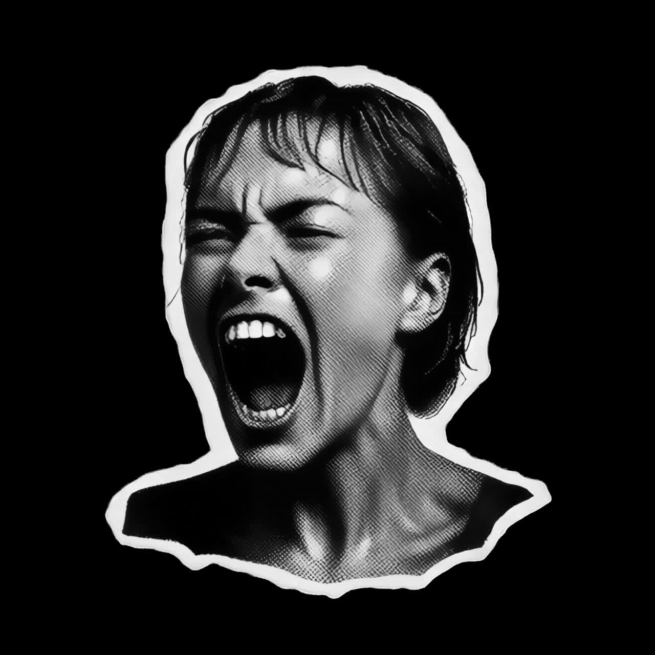Expressive monochrome emotional scream animation isolated asset, transparent 4K video, alpha