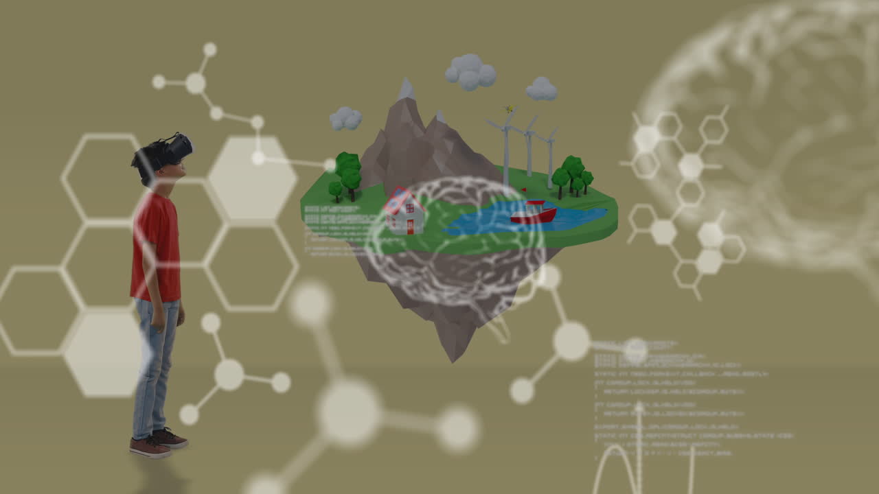 vr 헤드 ⁇ 을 착용한 백인 학생에 대한 데이터 처리 애니메이션