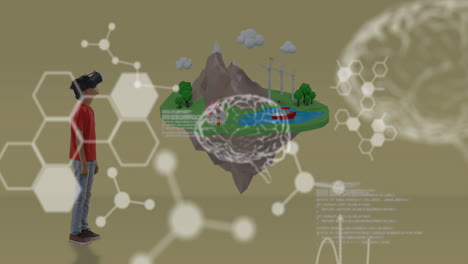 animación del procesamiento de datos sobre un escolar caucásico con auriculares vr