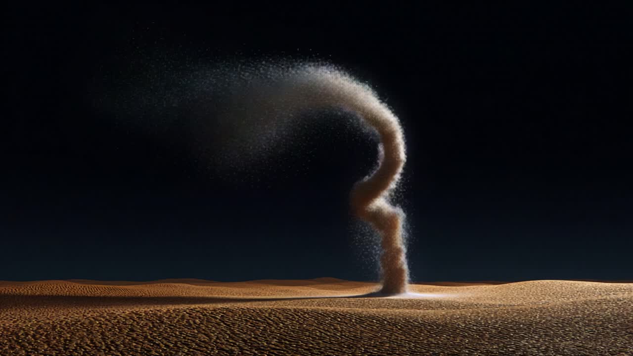 A mesmerizing dust whirlwind spirals upward in the desolate landscape, creating a dynamic visual spectacle of swirling particles contrasting against the dark sky and sandy terrain