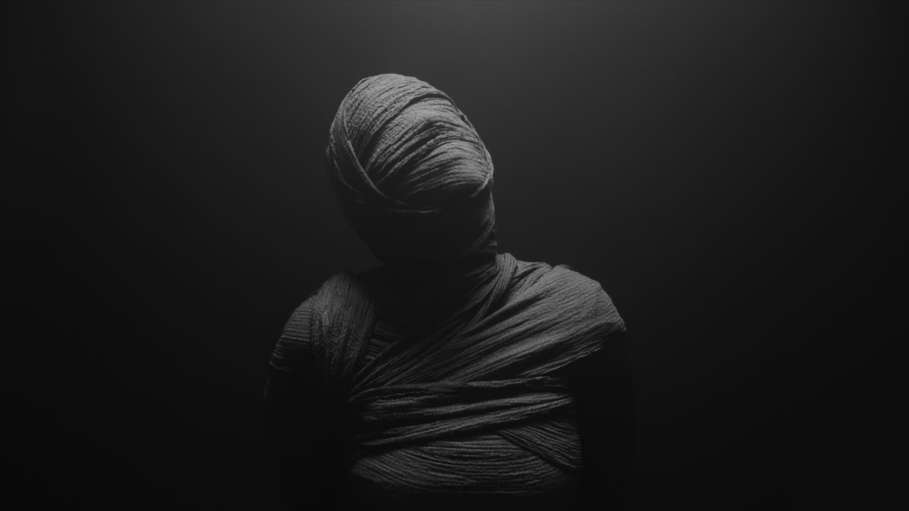 A mummy of a woman on a dark backdrop quickly rises her head