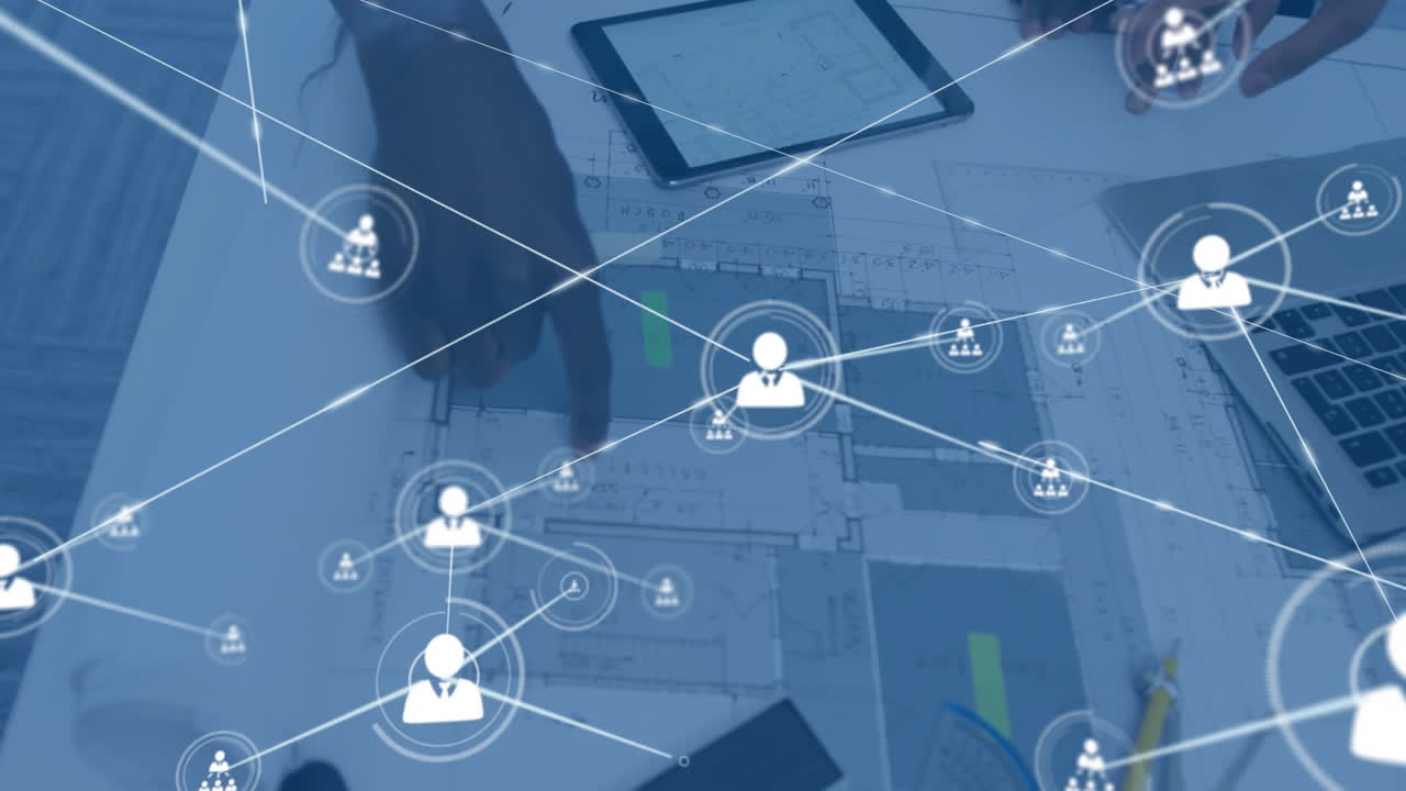 사무실의 책상 위에 있는 사람들과의 연결 네트워크 아이콘의 애니메이션