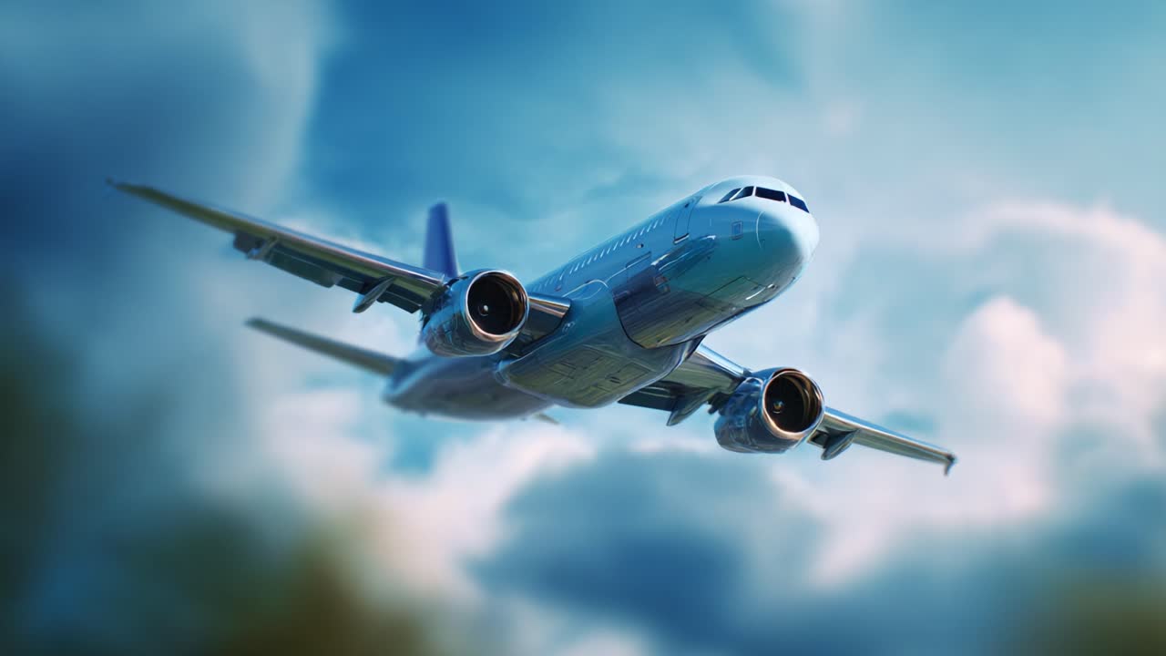 Un aereo moderno ed elegante che solca con grazia un cielo vivido, mettendo in mostra la bellezza della tecnologia aeronautica e il brivido del viaggio da una prospettiva unica