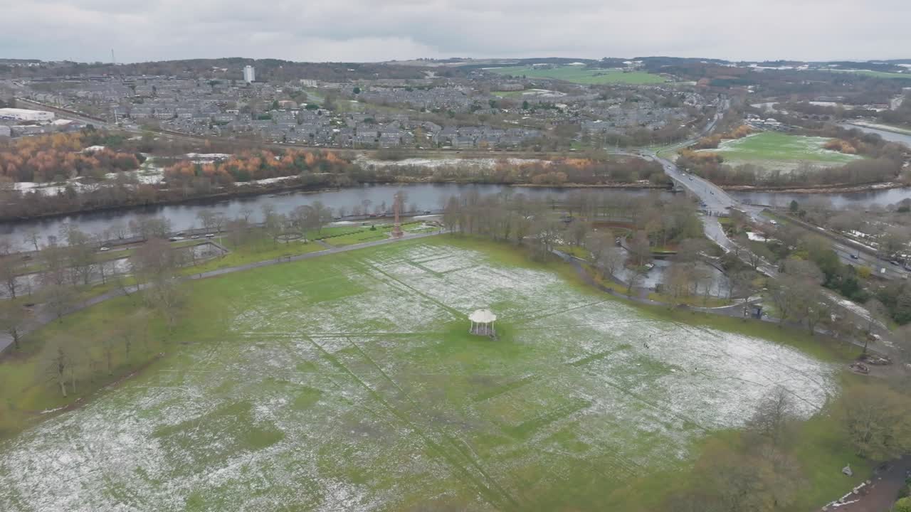 Aerial Drone View of Aberdeen Port City with River Dee, Snowy Park, Scotland