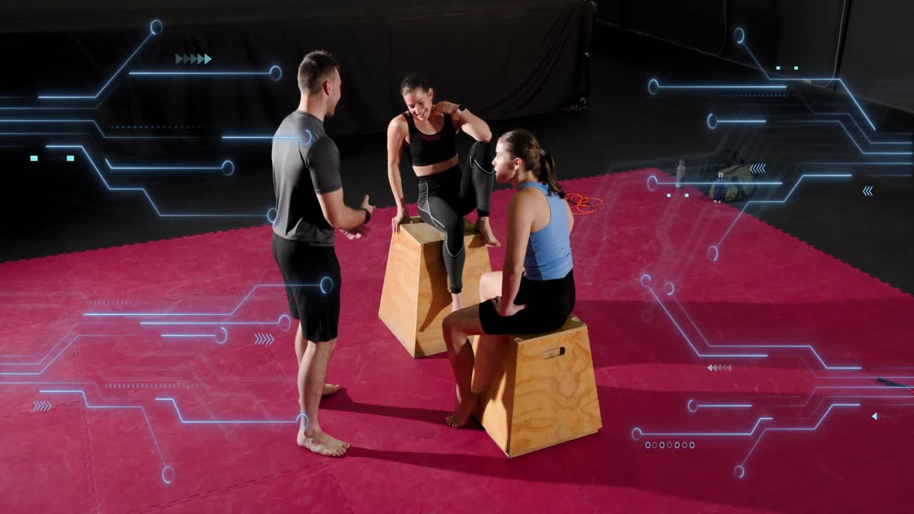 Coach speaking and gesturing, women shifting on plyo, practicing fitness while HUD overlaying group