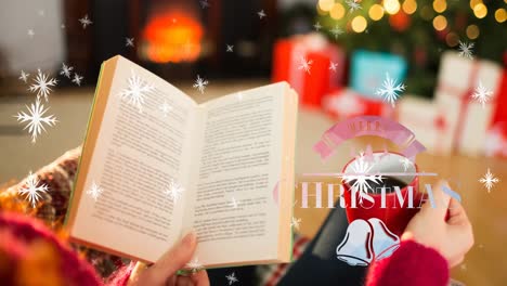 animation of snow falling and merry christmas text over caucasian woman reading book