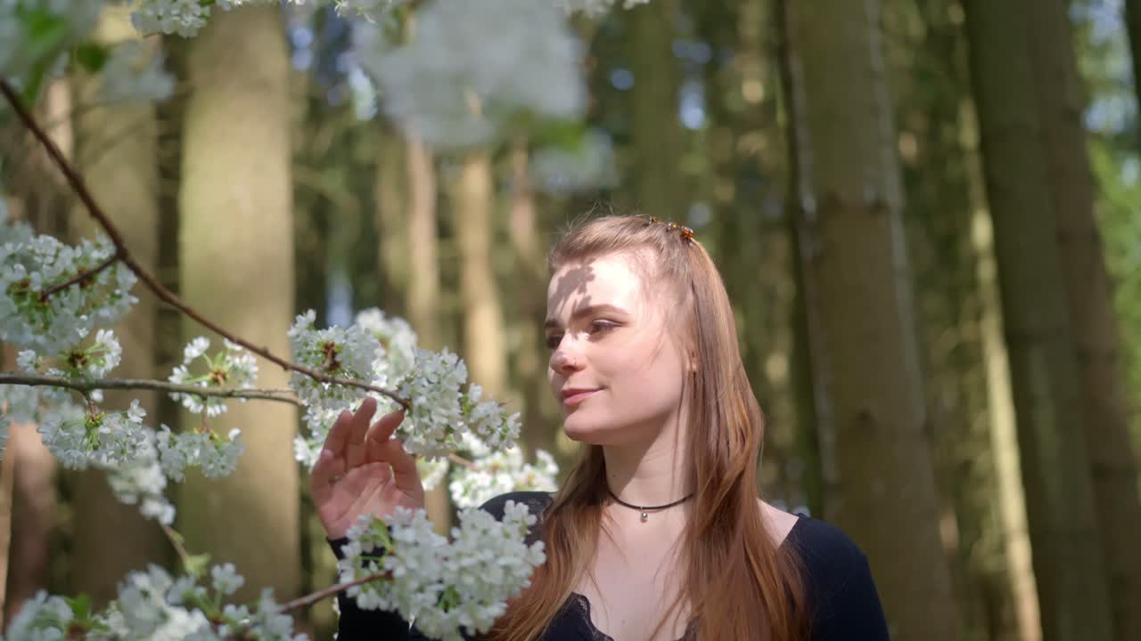 자연의 아름다움과 아름다운 여성, 숲의 위치, 느린 모션