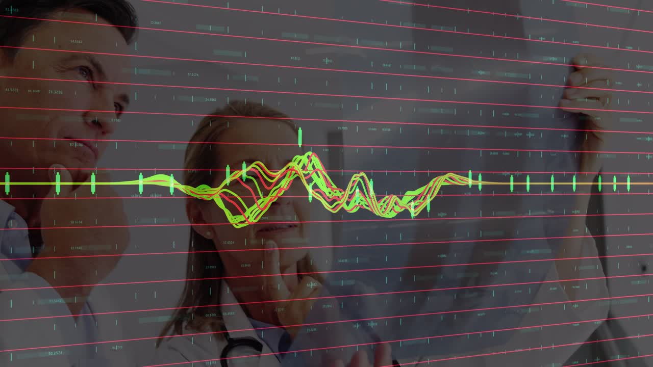 Animazione dell'elaborazione di dati finanziari su una donna d'affari caucasica