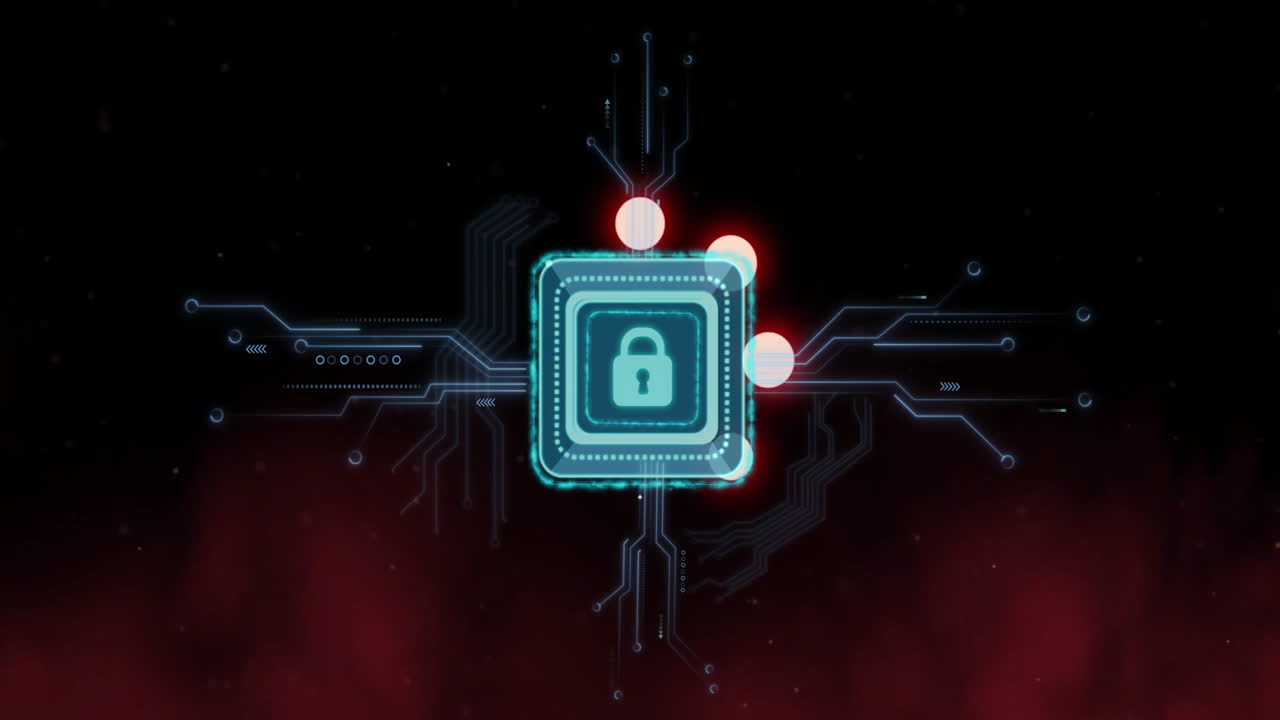icono de cerradura con líneas de circuito, animación de seguridad de datos sobre fondo oscuro