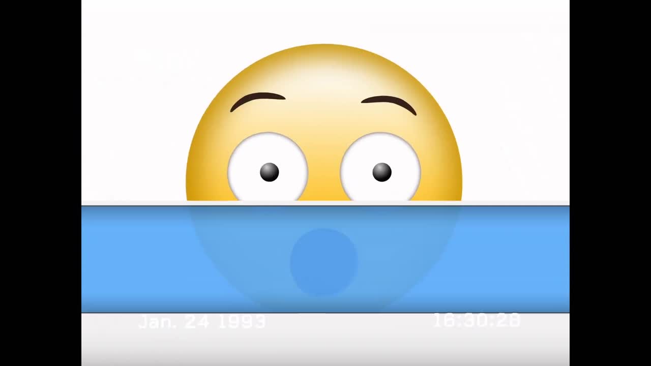 animación digital de vhs efecto de falla sobre emoji de cara sorprendida contra un fondo blanco y azul