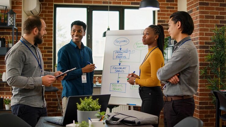 Presenting center-left man in blue shirt writing on flipchart at brick office, team noting tablet