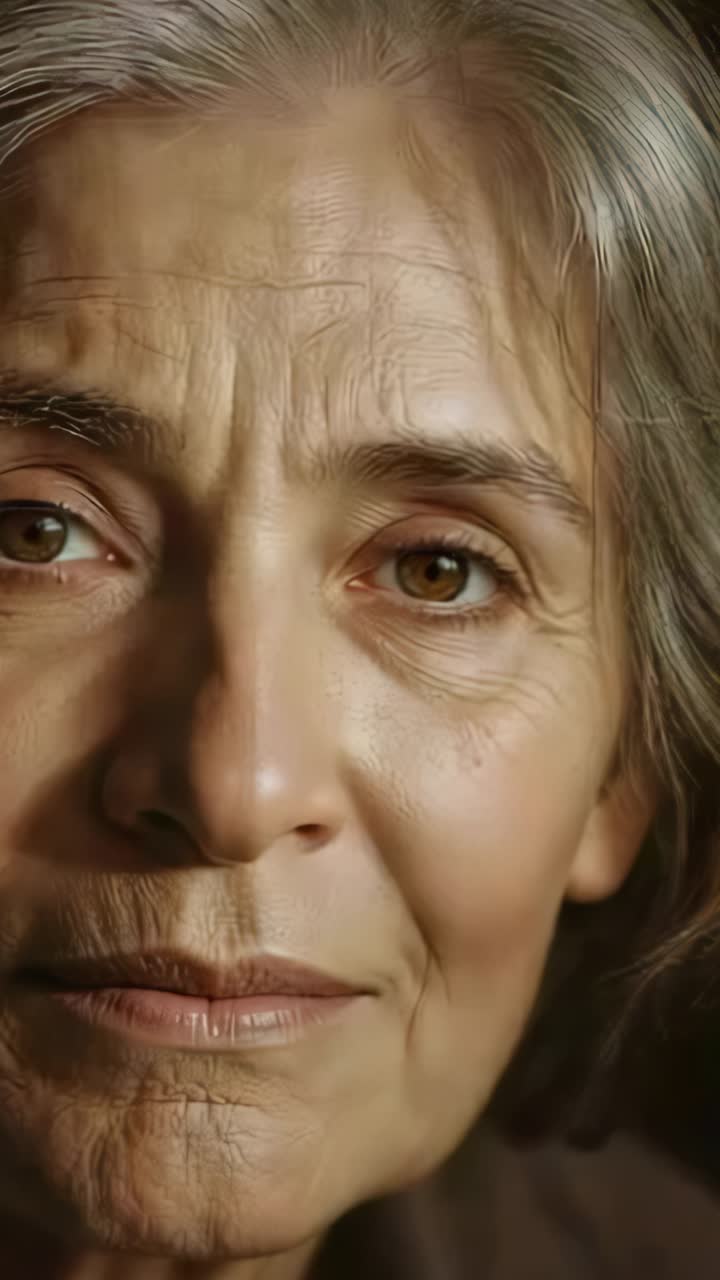 Vertical video: Noticing movement, senior woman moving gaze right, blinking, refocusing at home