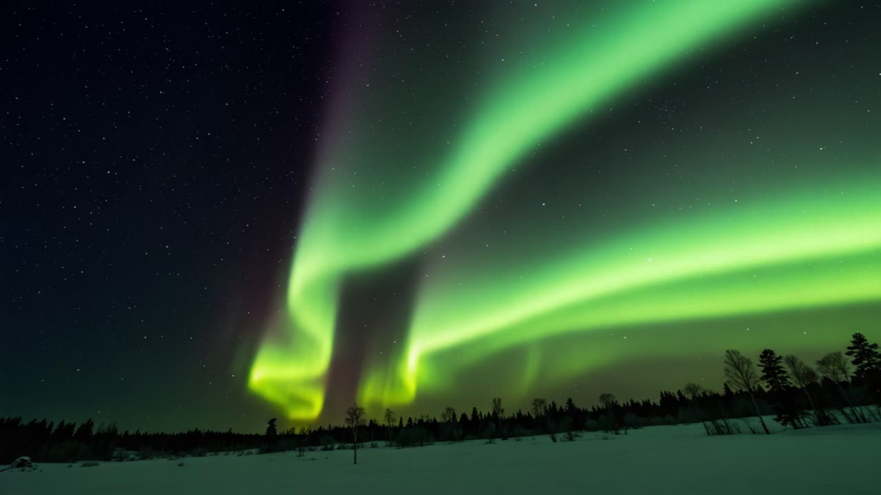 Mesmerizing Display of Northern Lights Illuminating the Night Sky with Vibrant Green and Purple Colors Over a Snow-Covered Landscape