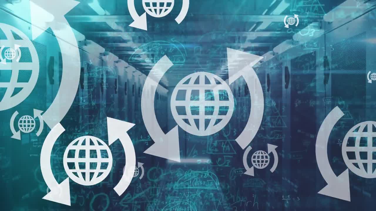 글로벌 아이콘, 수학 방정식 및 다이어그램의 애니메이션 서버  ⁇