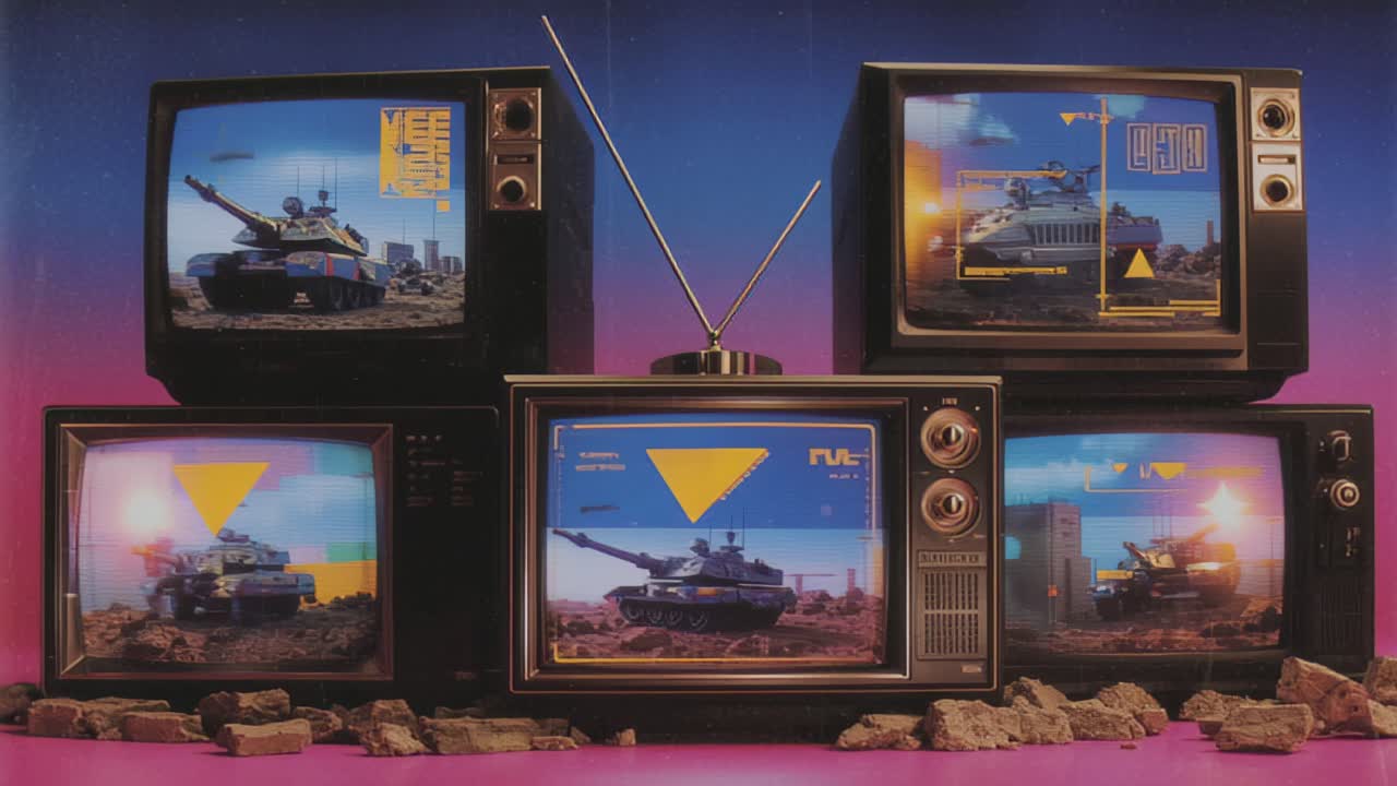 Pila di televisori CRT vintage con antenne che mostrano scene di carri armati e grafiche HUD, ambientata su uno sfondo con gradiente neon e detriti in primo piano, concetto di media retrò.