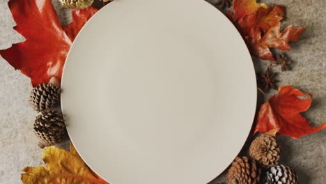 video of plate with autumn leaves and decoration lying on grey surface