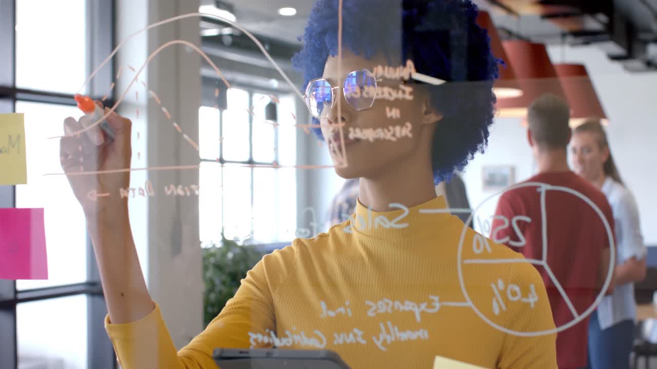 mujer de negocios casual enfocada en una tormenta de ideas escribiendo en una pared de vidrio en la oficina, cámara lenta