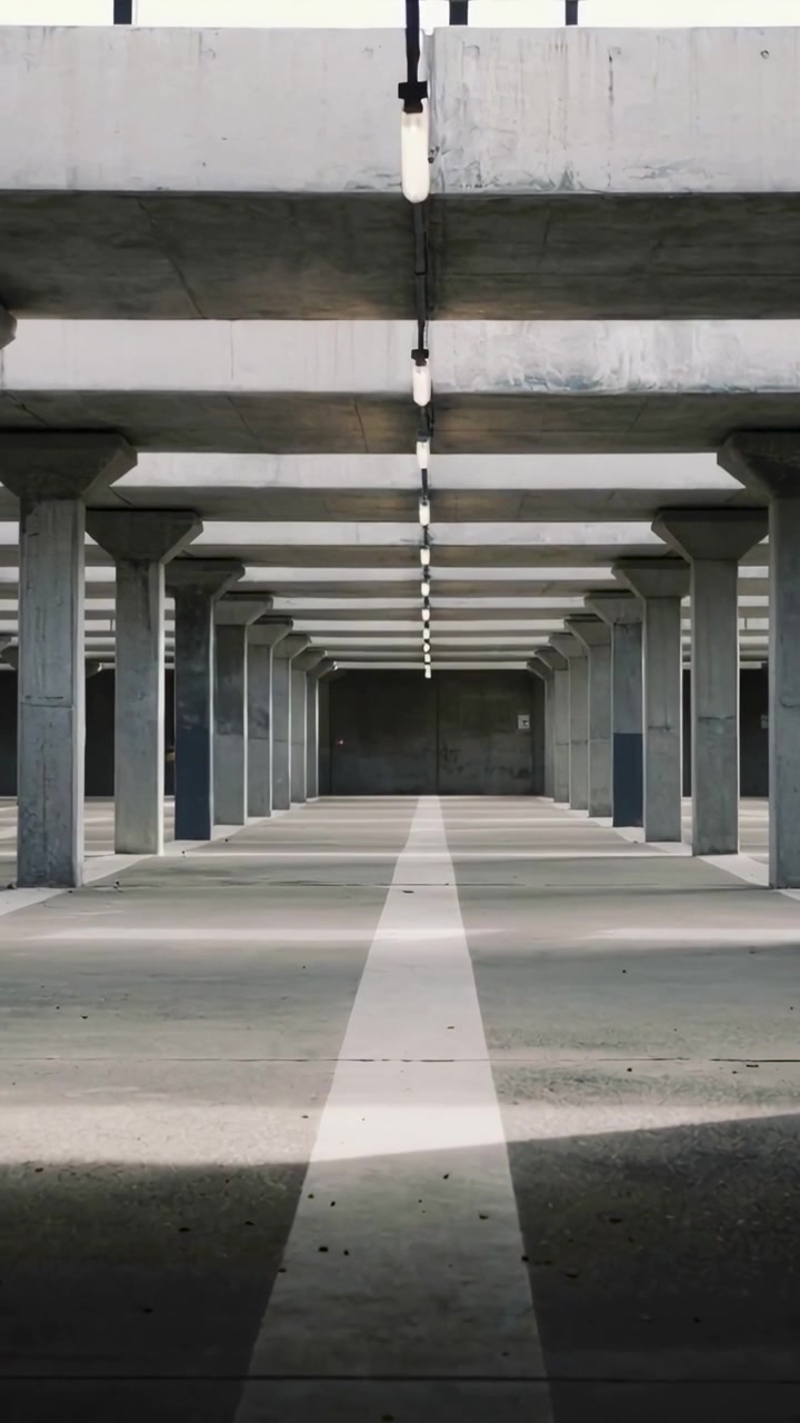 Video verticale: Telecamera che si sposta mostrando la linea centrale del garage dopo un leggero sollevamento, rivelando la profondità.
