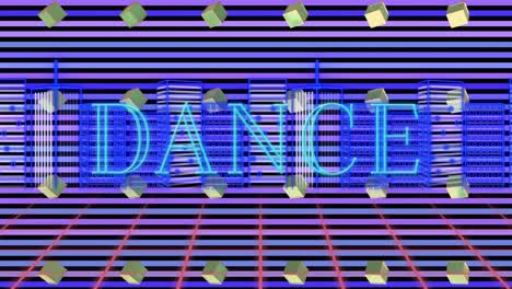 digital animation of dance blue text blinking with graphical rotating cubes over striped background