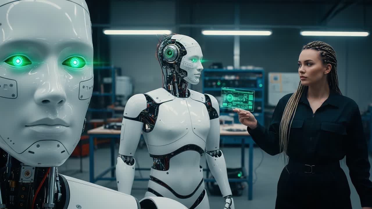 A futuristic scene featuring a technician interacting with advanced humanoid robots showcasing high-tech interfaces and artificial intelligence capabilities in a modern laboratory environment.