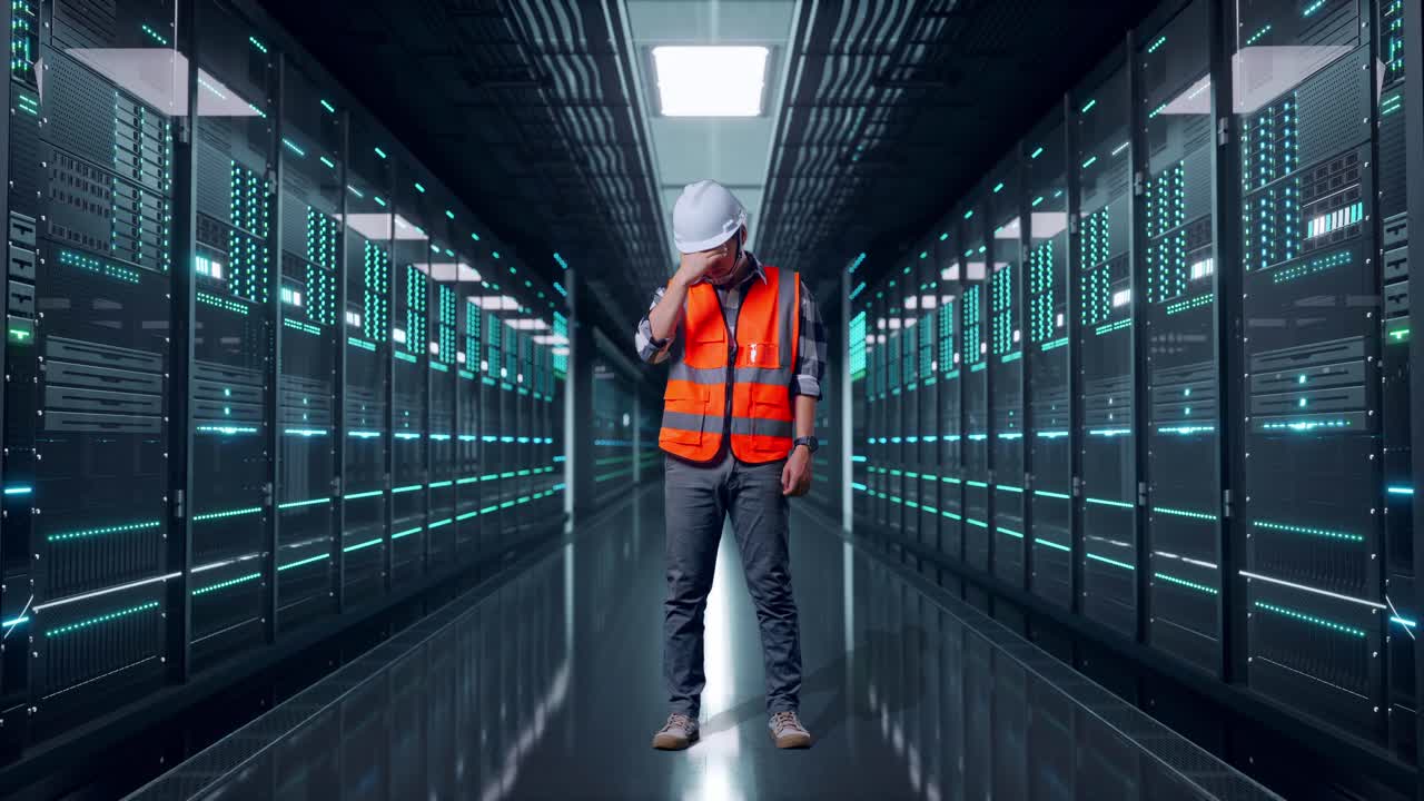 Full Body Of Asian Male Engineer With Safety Helmet Having A Headache While Working in Server Room Data Center