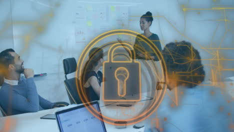 animation of security padlock icon against biracial woman giving a presentation at office