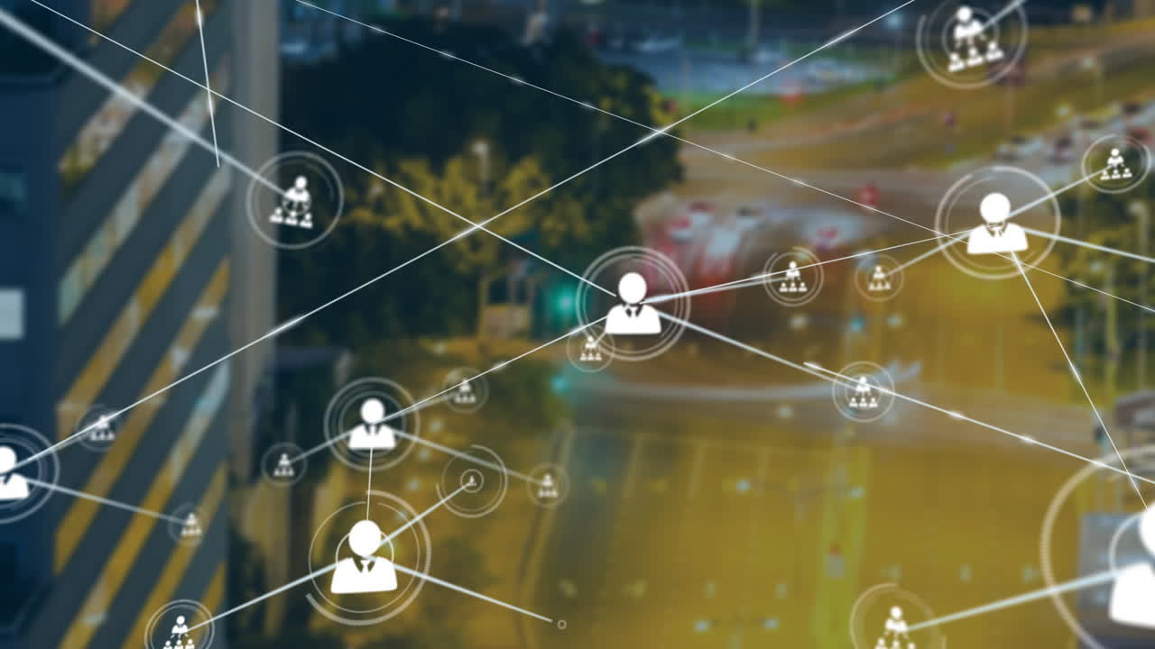 Network of connections and data processing animation over city street at night