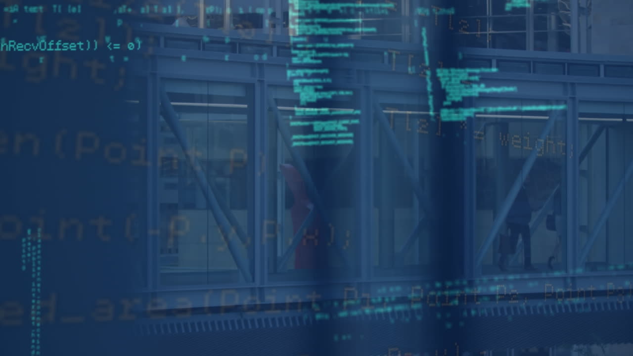 Animation of data processing over diverse business people in office