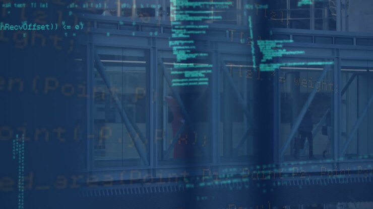 Animation of data processing over diverse business people in office