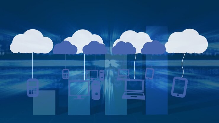 Animation of clouds with numbers and graphs over blue background