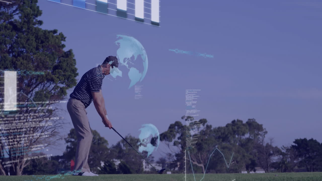 Man preparing swing on tee, displaying technology bar charts, globe visuals and trajectory lines