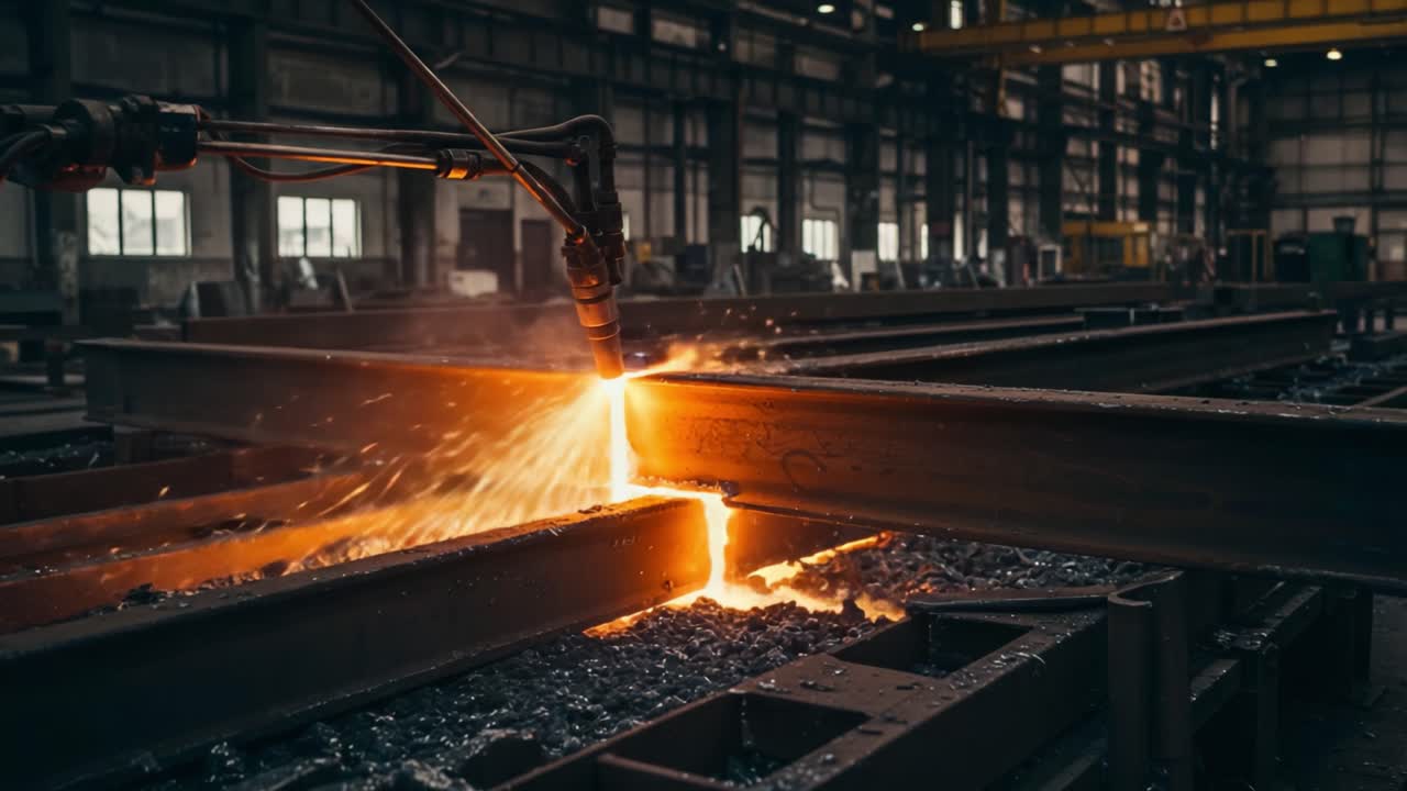 Captivating Scenes of Metalwork: A Glimpse into the Fiery Process of Welding as Molten Steel Flows and Sparks Fly in an Industrial Steel Fabrication Workshop