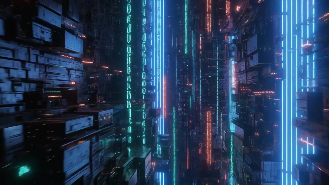 Futuristic Digital Data Tunnel with Glowing Neon Code