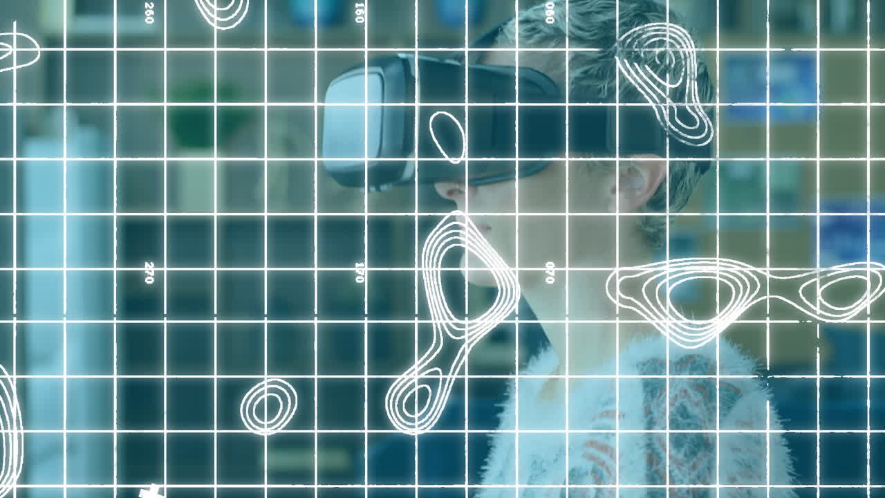 vr 헤드 ⁇ 을 착용하는 여성 위로 이동하는 그리드 및 윤 ⁇  선의 애니메이션