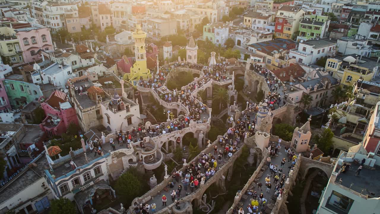 Aerial View of a Bustling Colorful Cityscape with Crowds of People Gathered Around Unique Architectural Structures at Sunset