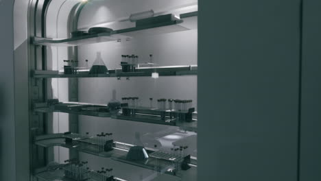 laboratory equipment arranged neatly in a futuristic workspace