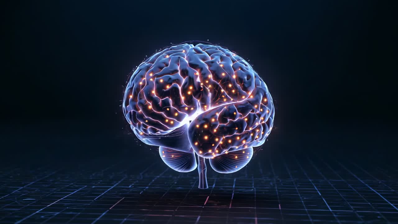 Receiving activation, brain model rotating and pulsing in studio over grid, glowing nodes