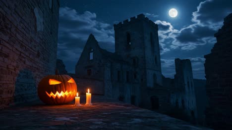 a spooky halloween night in a mysterious ruin with an enigmatic pumpkin, glowing candles, and a full moon lighting the dark sky