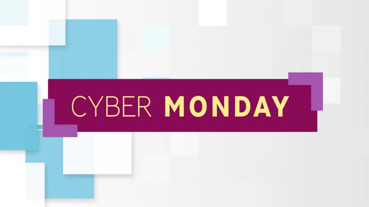 Maroon banner being animated over blue squares, showcasing pale yellow Cyber Monday typography