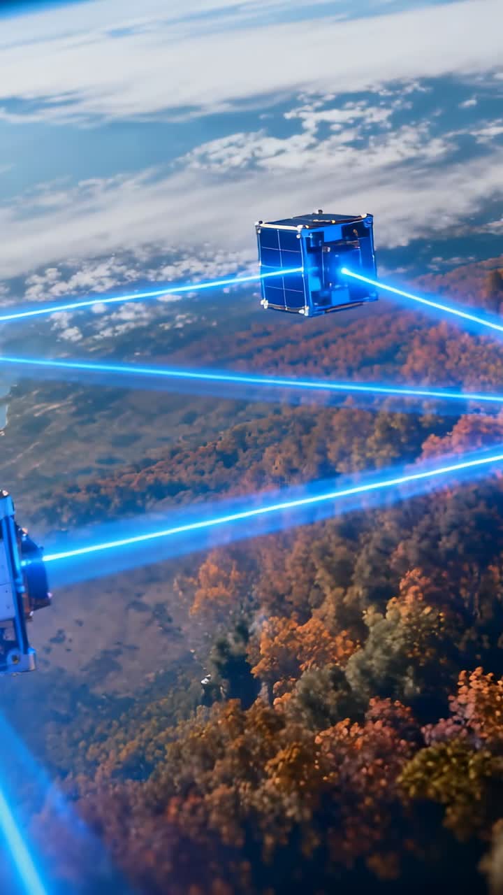 Video vertical: Proyectando haces azules, un cubo de metal une otros cubos sobre un bosque otoñal formando una malla.