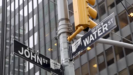 water st and john st signs in the financial district, downtown new york city during the winter