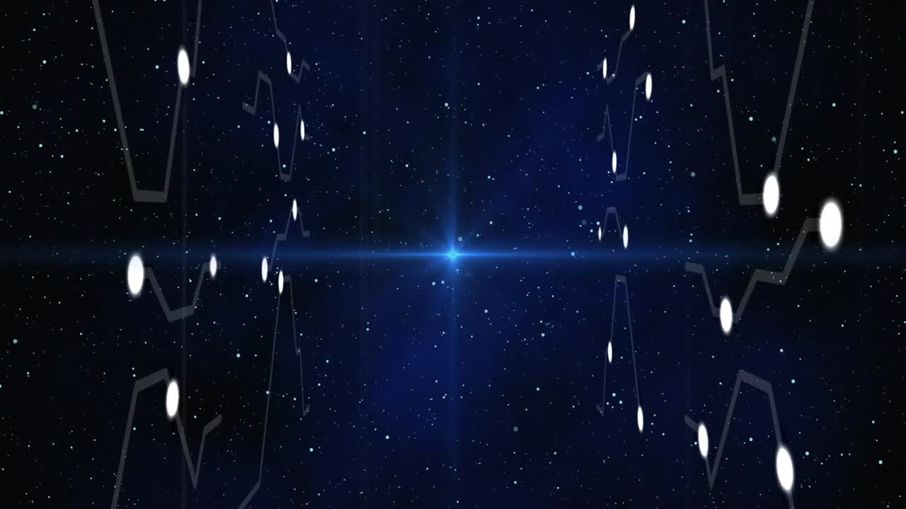 Bright blue star sending lens flare through star field with circuit and glowing nodes, 3D render