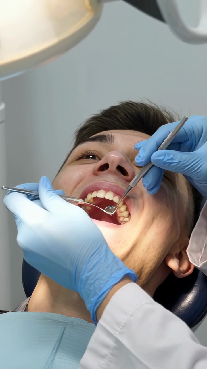 Video verticale: Dentista con guanti che, con specchietto e sonda, esamina un adolescente sotto la lampada in clinica per una visita.