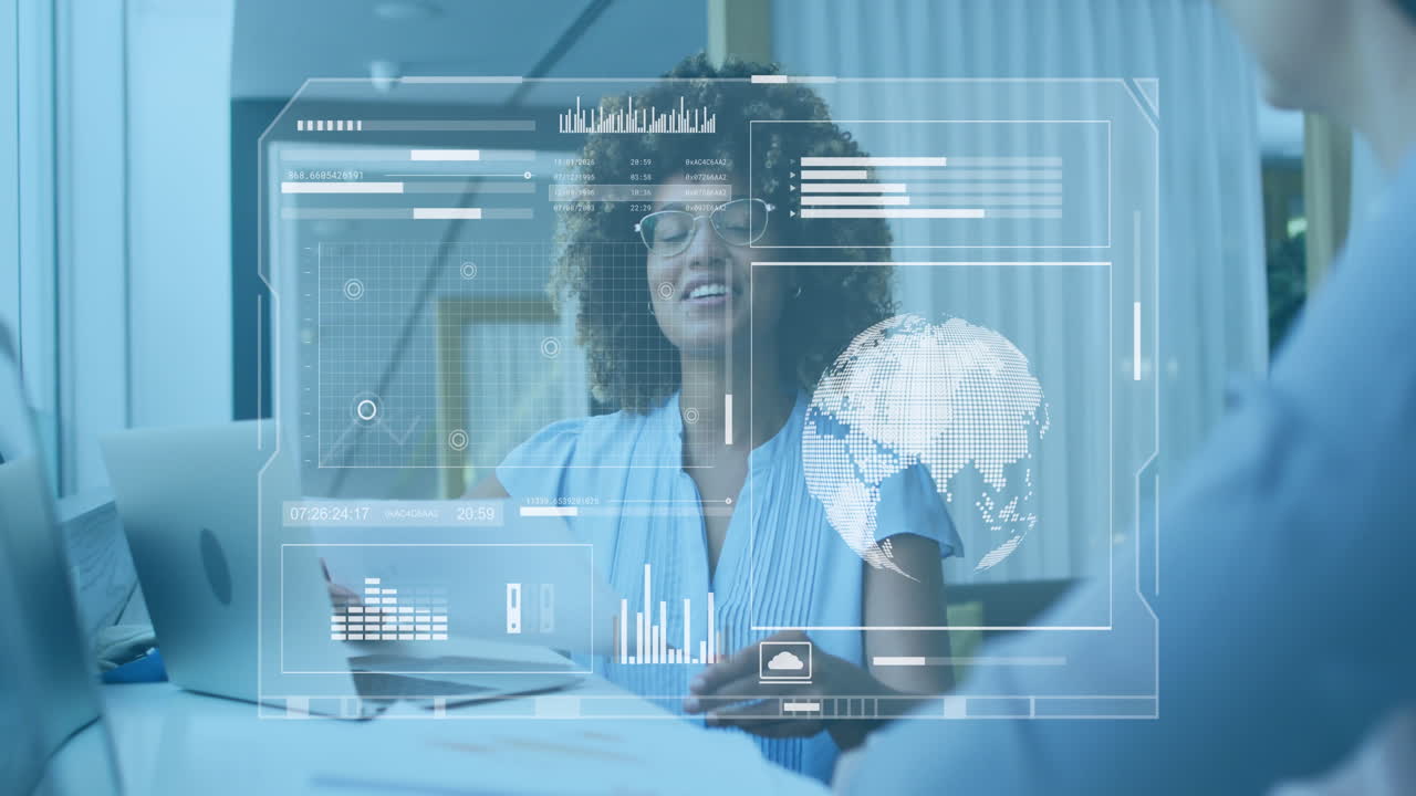 Animation of graphs, globe and loading bars over diverse coworkers discussing strategy in office