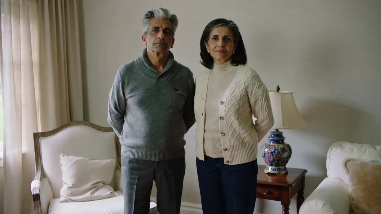 Pareja de ancianos posando con las manos en la espalda en casa, la cámara hace zoom para un retrato con una lámpara