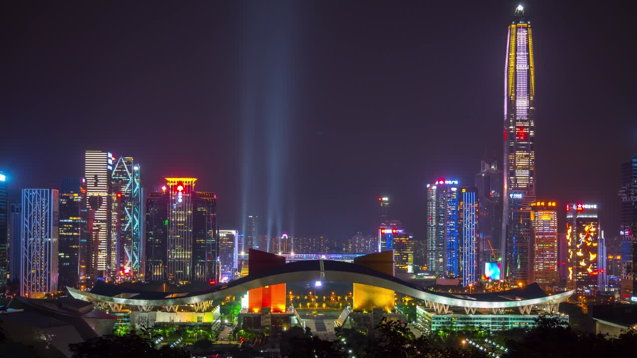 noche iluminado centro cívico de shenzen parque de montaña top panorama 4k lapso de tiempo china