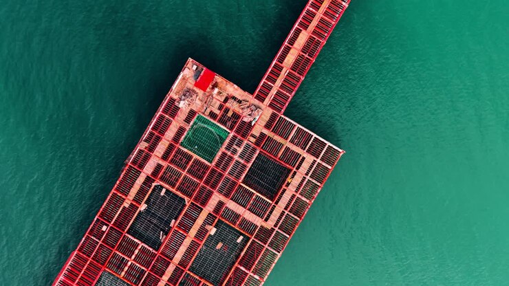 Aerial top down view of the corner of a floating mussel farm with red shed and structural frames. Industrial aquaculture platform in green sea